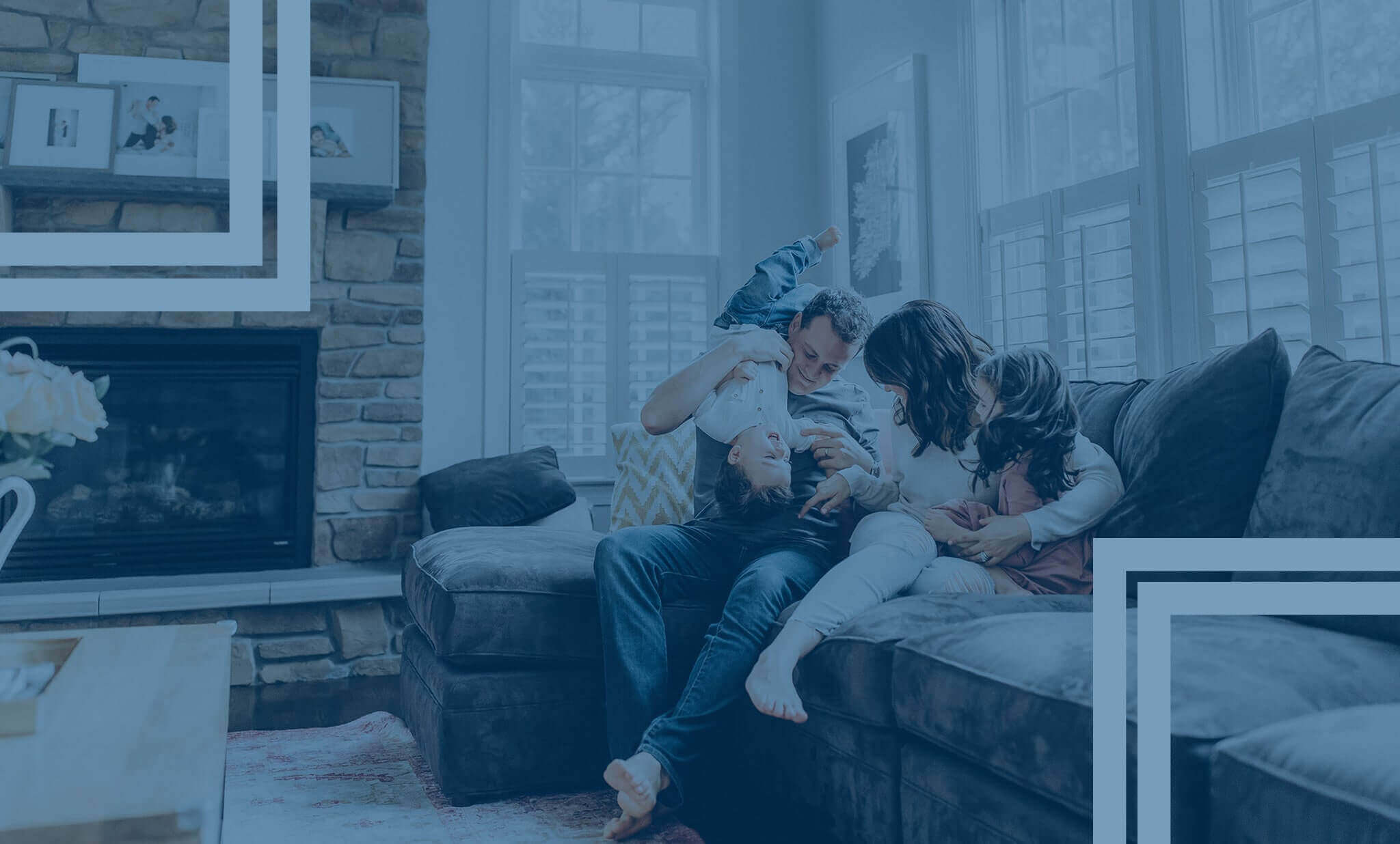 family sofa fireplace